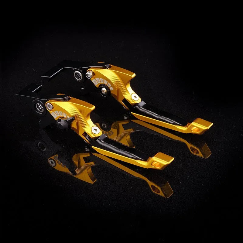 Pair of anodised aluminium motorcycle brake and clutch levers with six-speed adjustable length mechanism