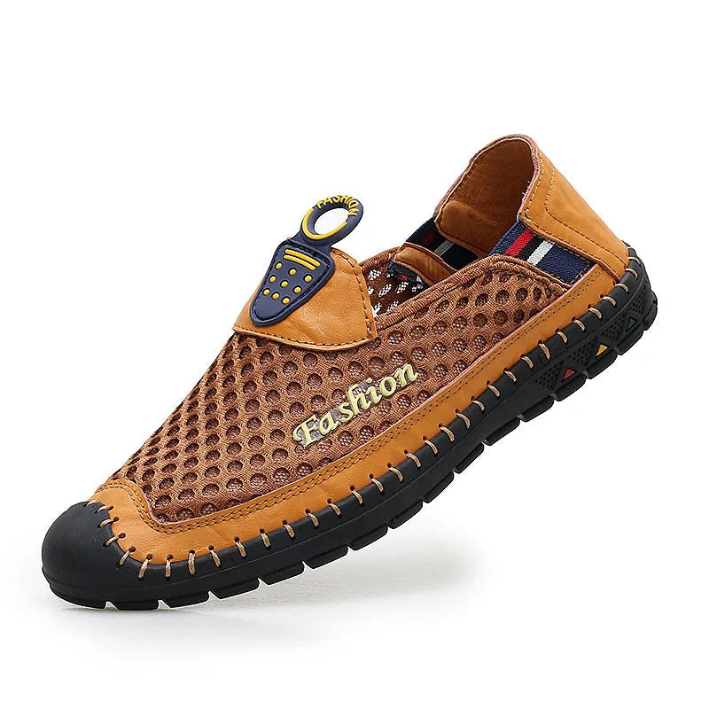 Men's brown breathable mesh casual shoes with round toe and non-slip rubber sole.