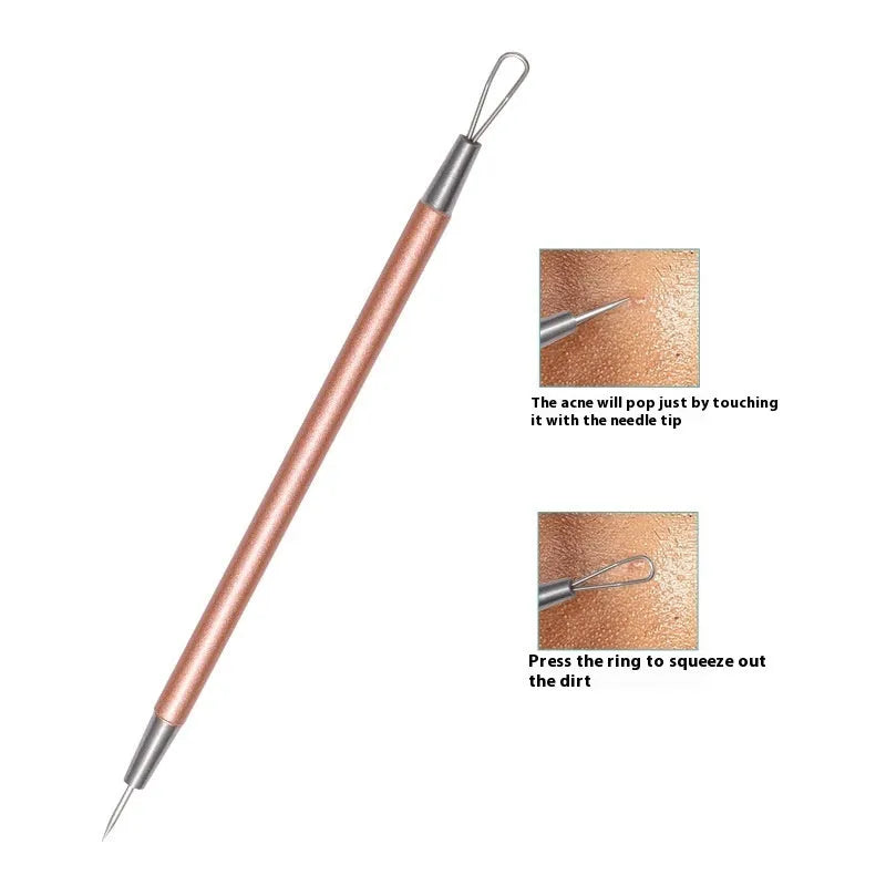 Six rose gold stainless steel acne removal tools arranged in set for facial pimple extraction