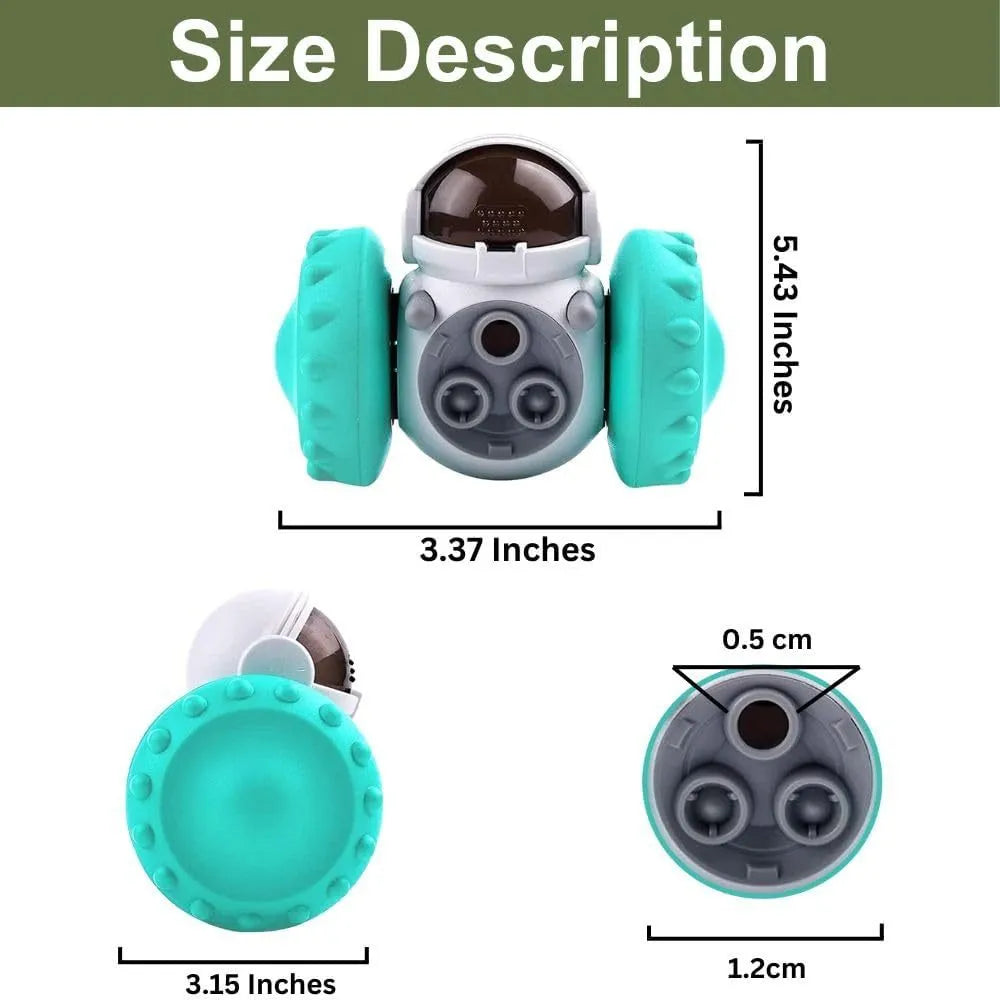 Self-balancing dog treat dispenser toy in robot design with tumbler mechanism