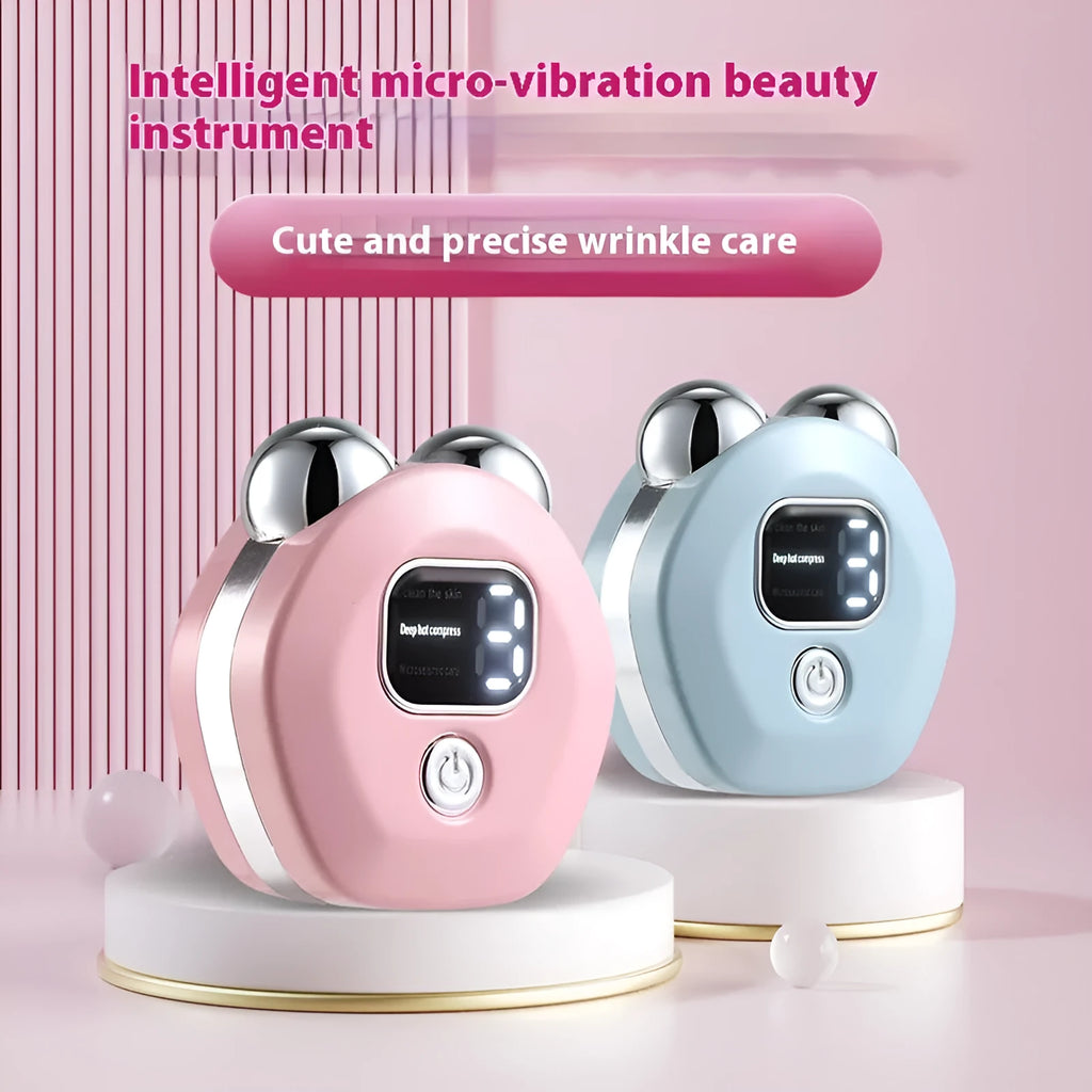 Portable white, light blue, or pink hot compress and micro current facial massage instrument with double rollers.