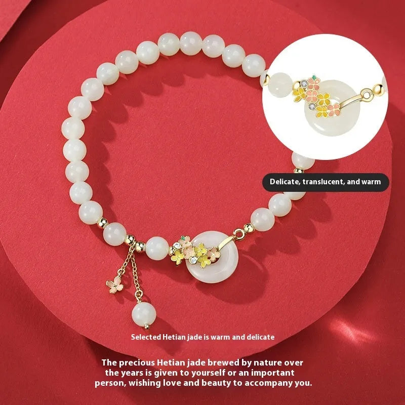 Osmanthus Peace Buckle S925 sterling silver natural Hetian jade women's bracelet with 6mm round stones