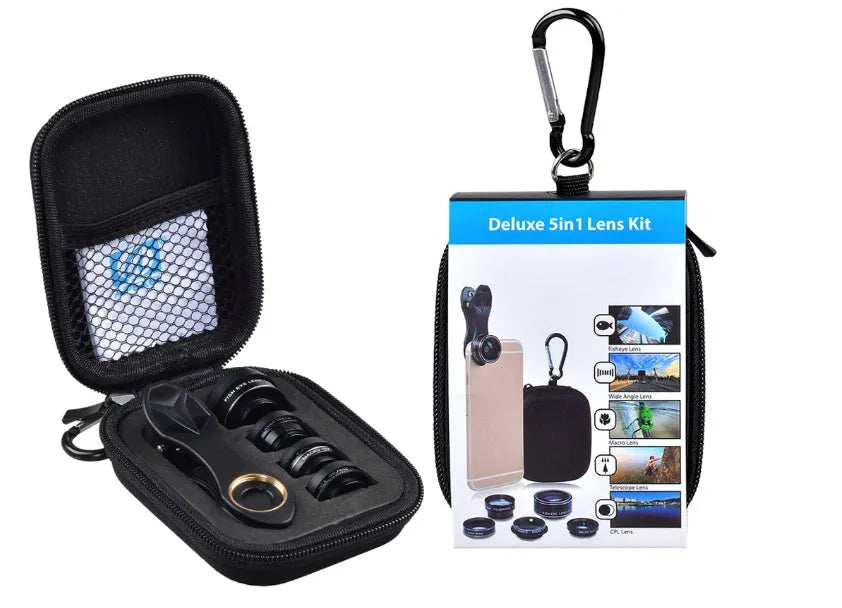 Black universal 5-in-1 clip-on smartphone lens kit showing wide angle, macro, fisheye, telephoto, and CPL lenses with storage bag.
