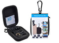 Black universal 5-in-1 clip-on smartphone lens kit showing wide angle, macro, fisheye, telephoto, and CPL lenses with storage bag.