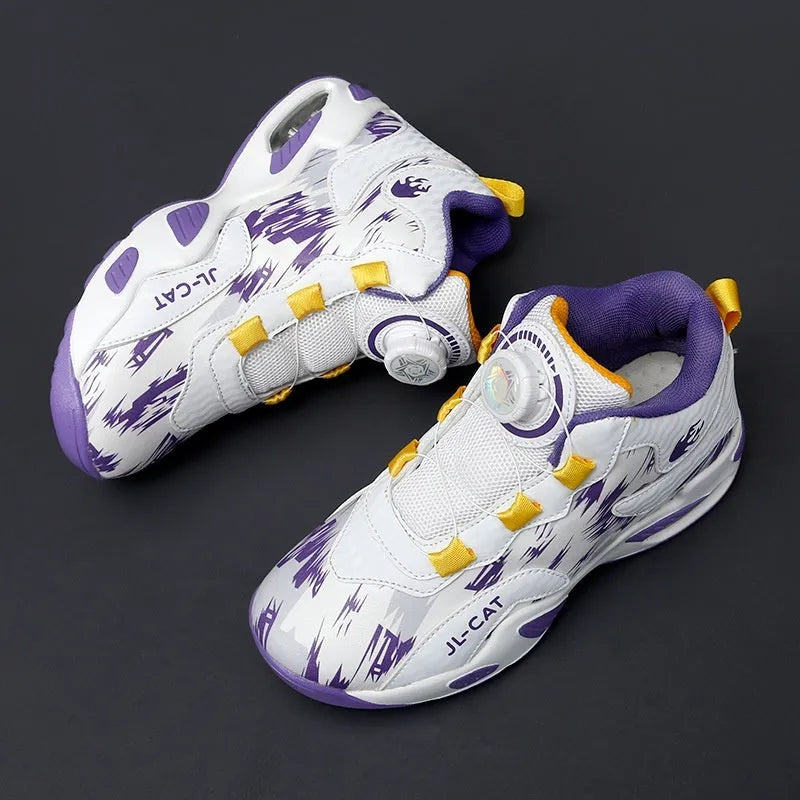 Children's rotating button basketball shoes in multiple colours with waterproof feature and PU sole