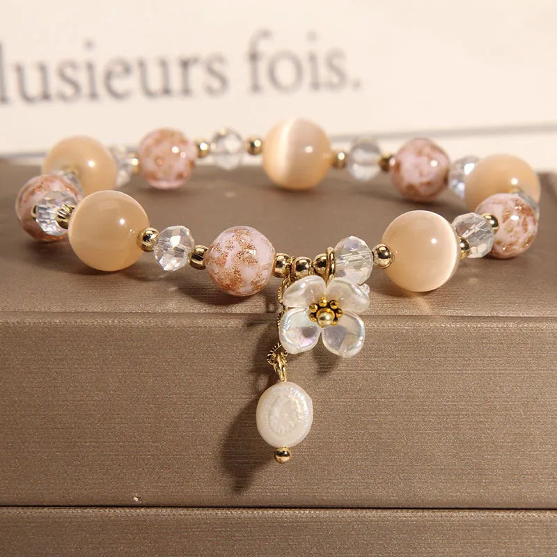 Opal and crystal woven bracelet with cat flower motif, couple style, Crystal Woven Ball option