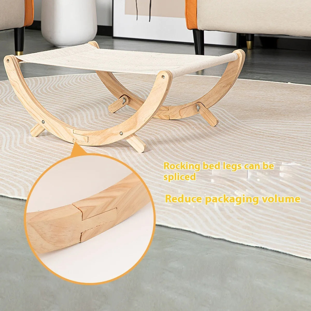 Solid wood frame foldable cat hammock bed with a canvas sleeping surface.