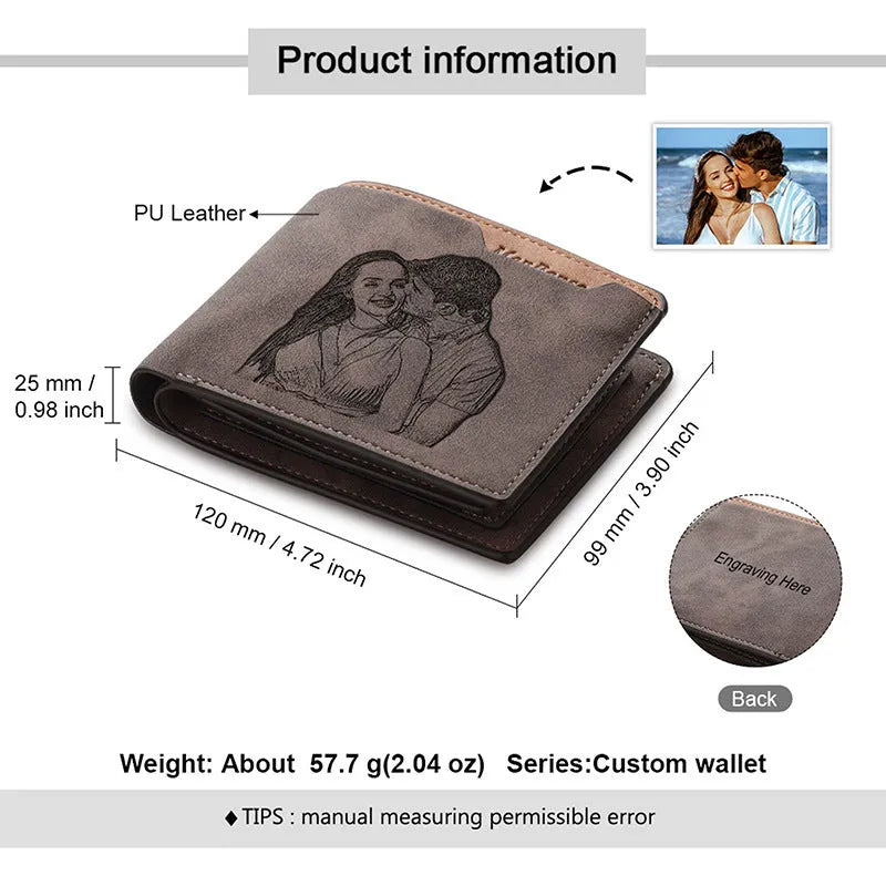 Coffee coloured engraved horizontal short wallet showing photo personalisation and 7 card slots