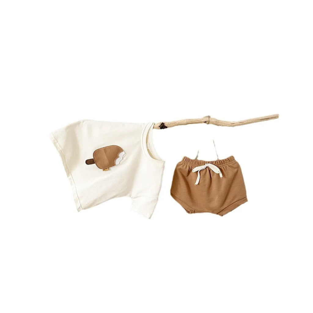 Girls' cotton two-piece shorts suit with ice cream patch detail in olive colour