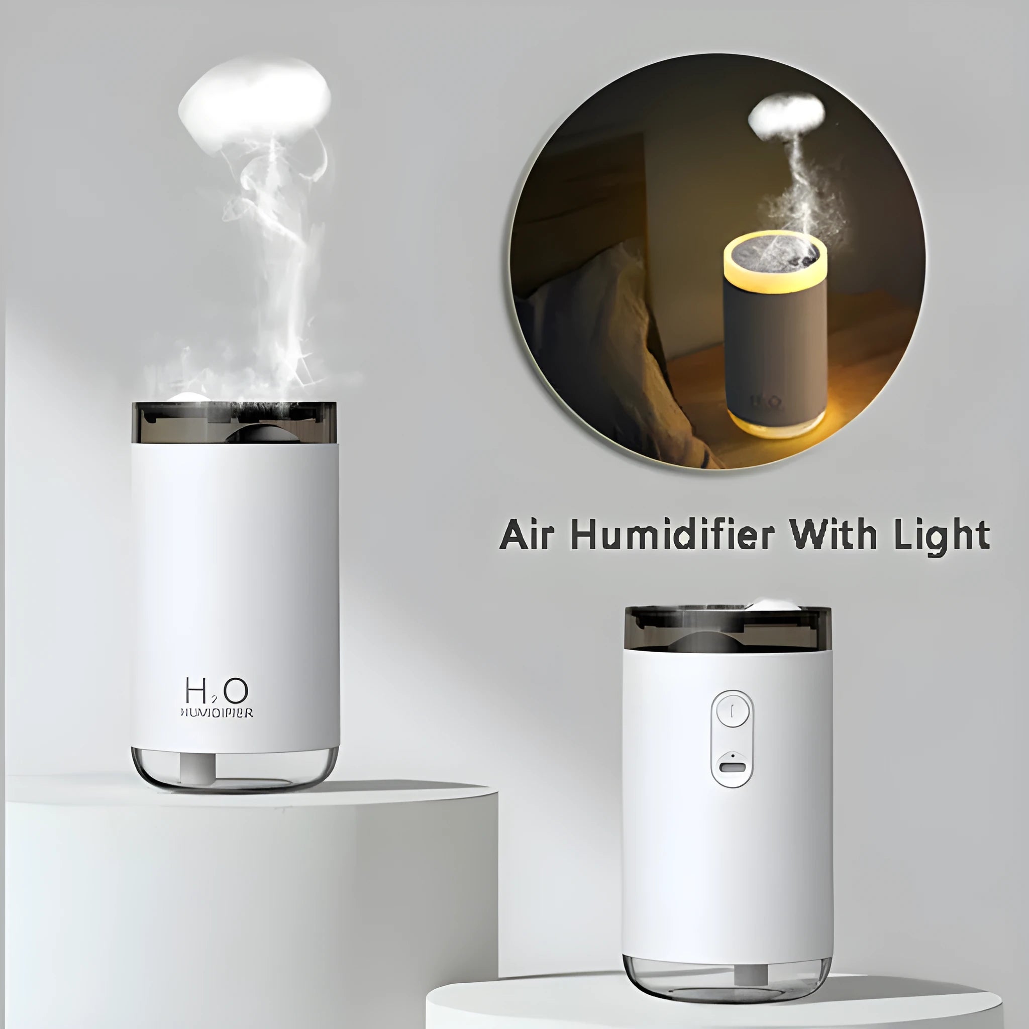 Jellyfish smoke ring humidifier with warm night light USB operation in blue pink white colours