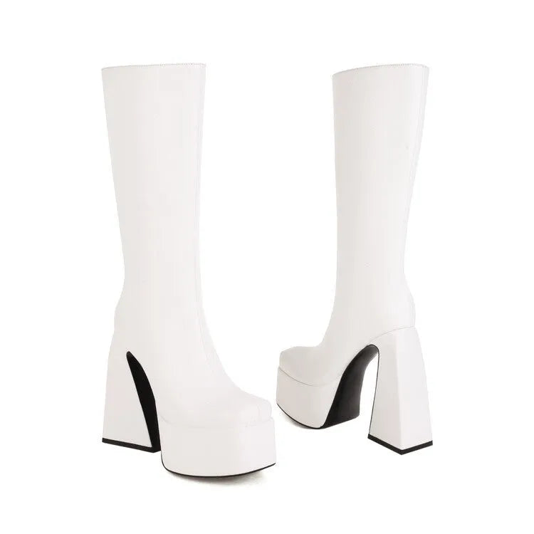 Women's casual high boots in black, red, blue, and white, made from synthetic PU.