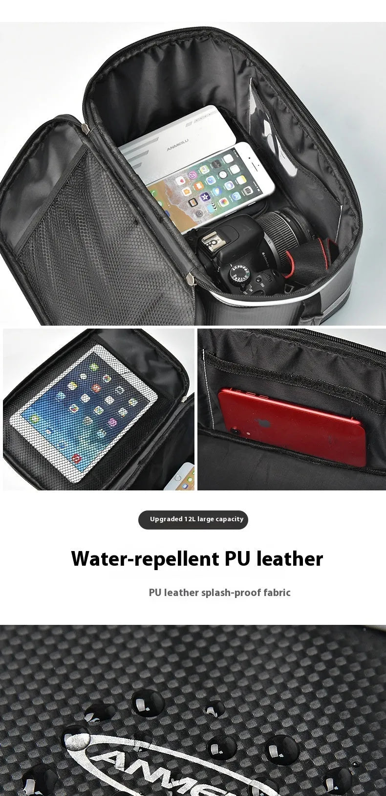 Black PU leather backseat bag for bicycle rack equipment with 12 litre capacity