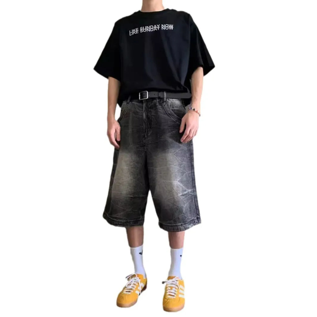 Men's loose straight-leg washed denim shorts in retro style with cropped length