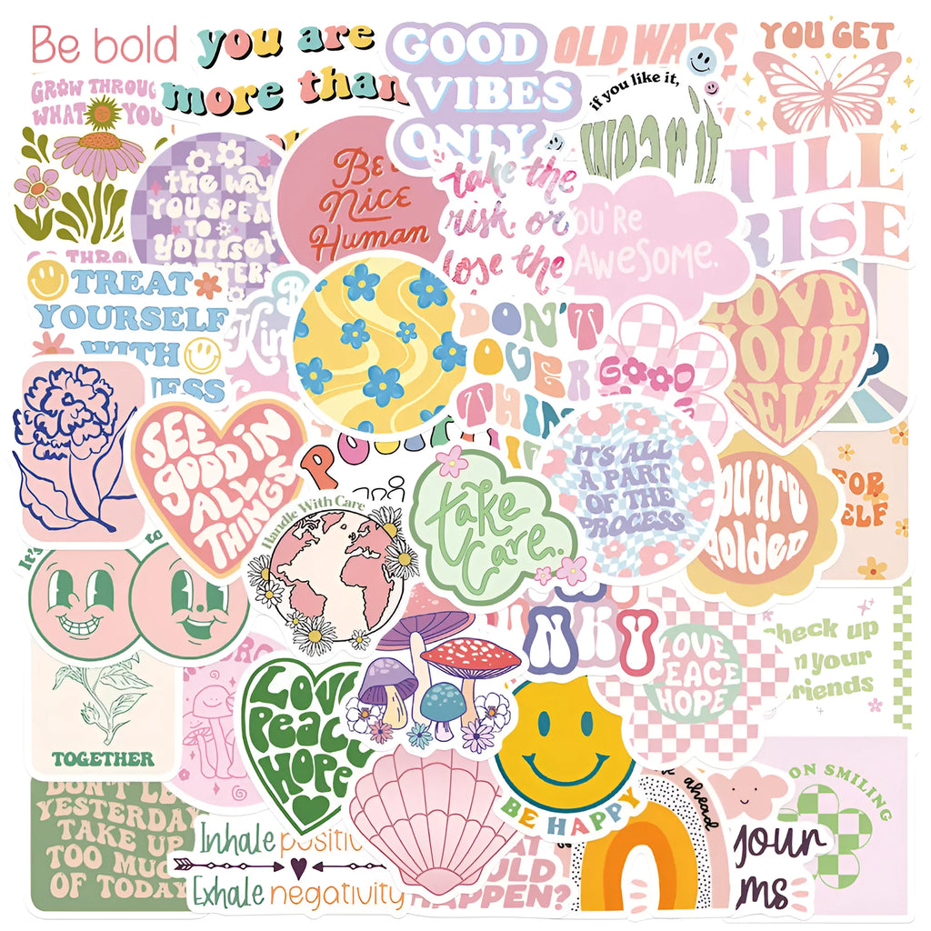 Pack of 50 Danish pink motivational stickers with cartoon graffiti patterns, each 4-6cm.