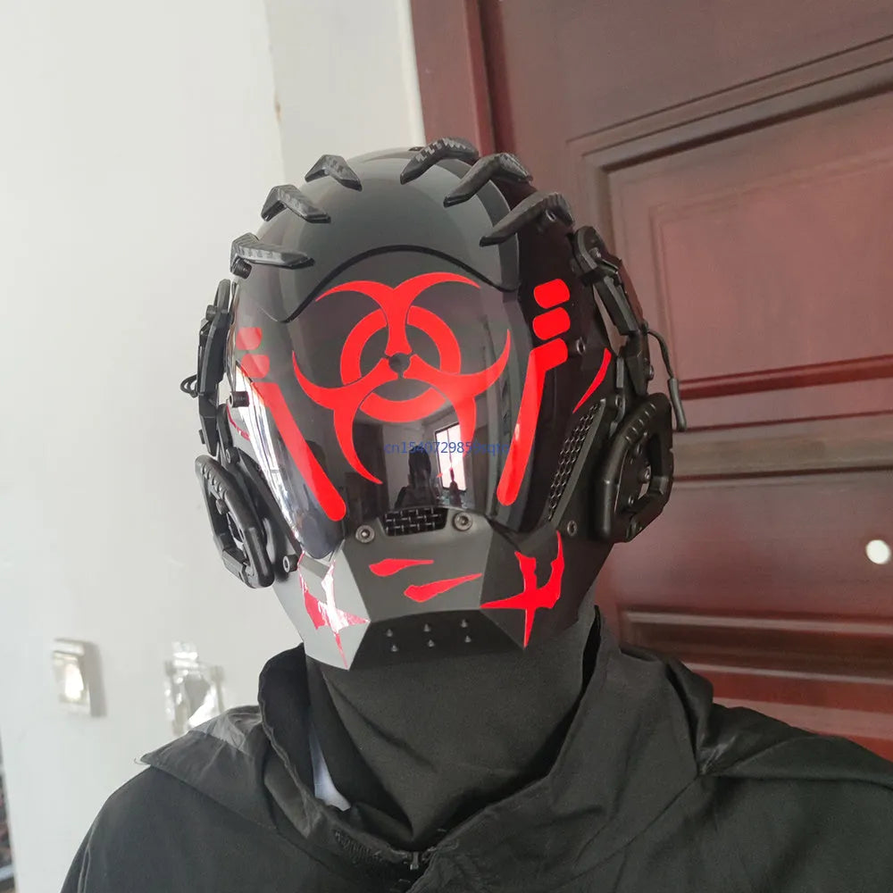 Black full-face plastic prop mask with a cyberpunk bioweapon design on a mannequin head.