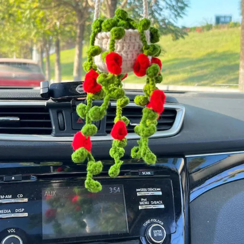 Green and white knitted wool car plant decoration with 8cm base and 25cm hanging rope