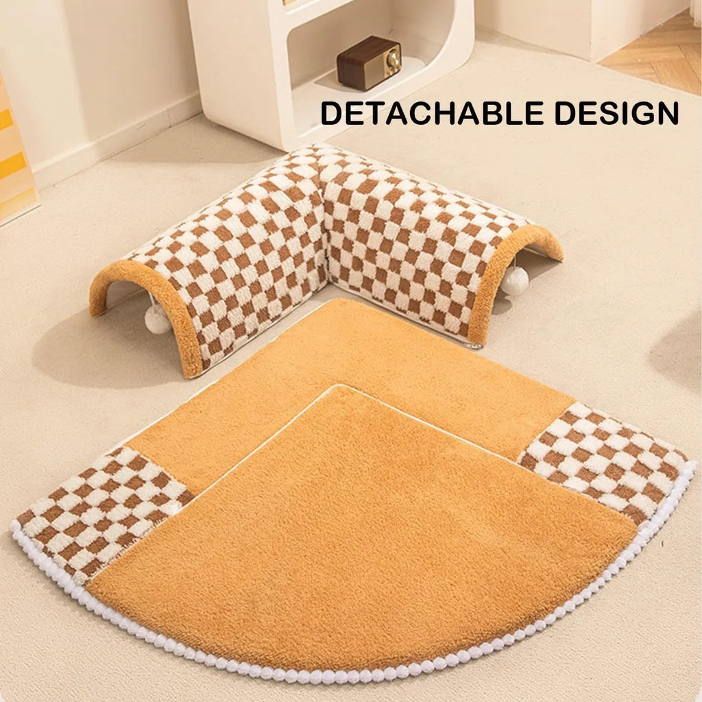 XL fan-shaped plaid tunnel pet bed for dogs and cats in coffee colour, showing plush fabric and anti-slip base.