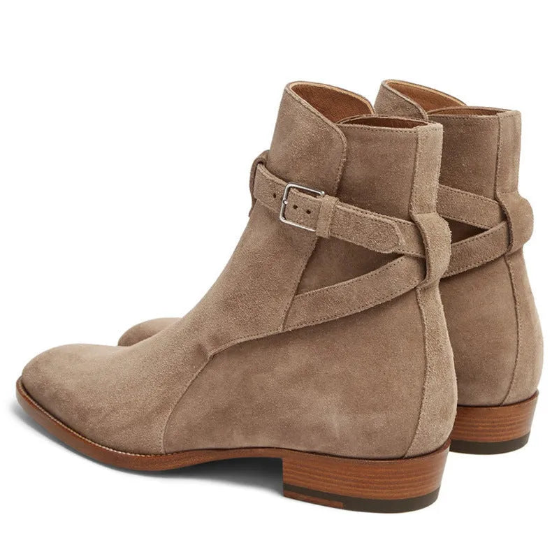 Men's pointed-toe leather martin boots with buckle fastening and leather stitching, brown matte finish