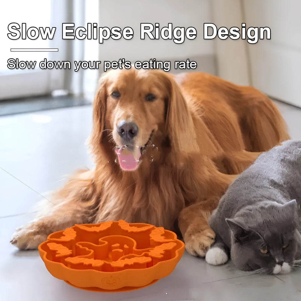 Silicone slow feeder dog bowl in a choice of shapes and Halloween or pumpkin themed colours.