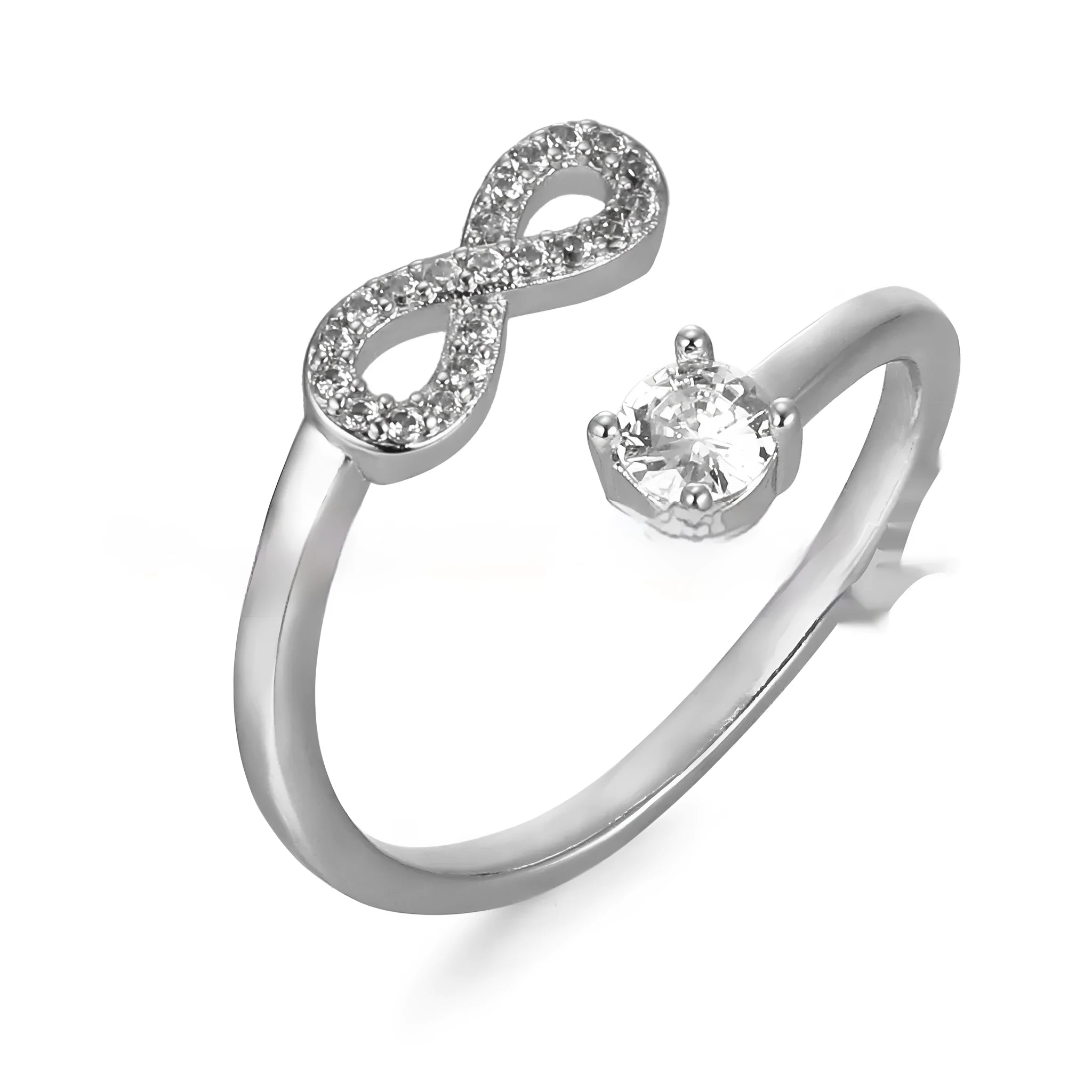 Geometric open ring with zircon stones showing letter personalisation options in gold rose silver colours