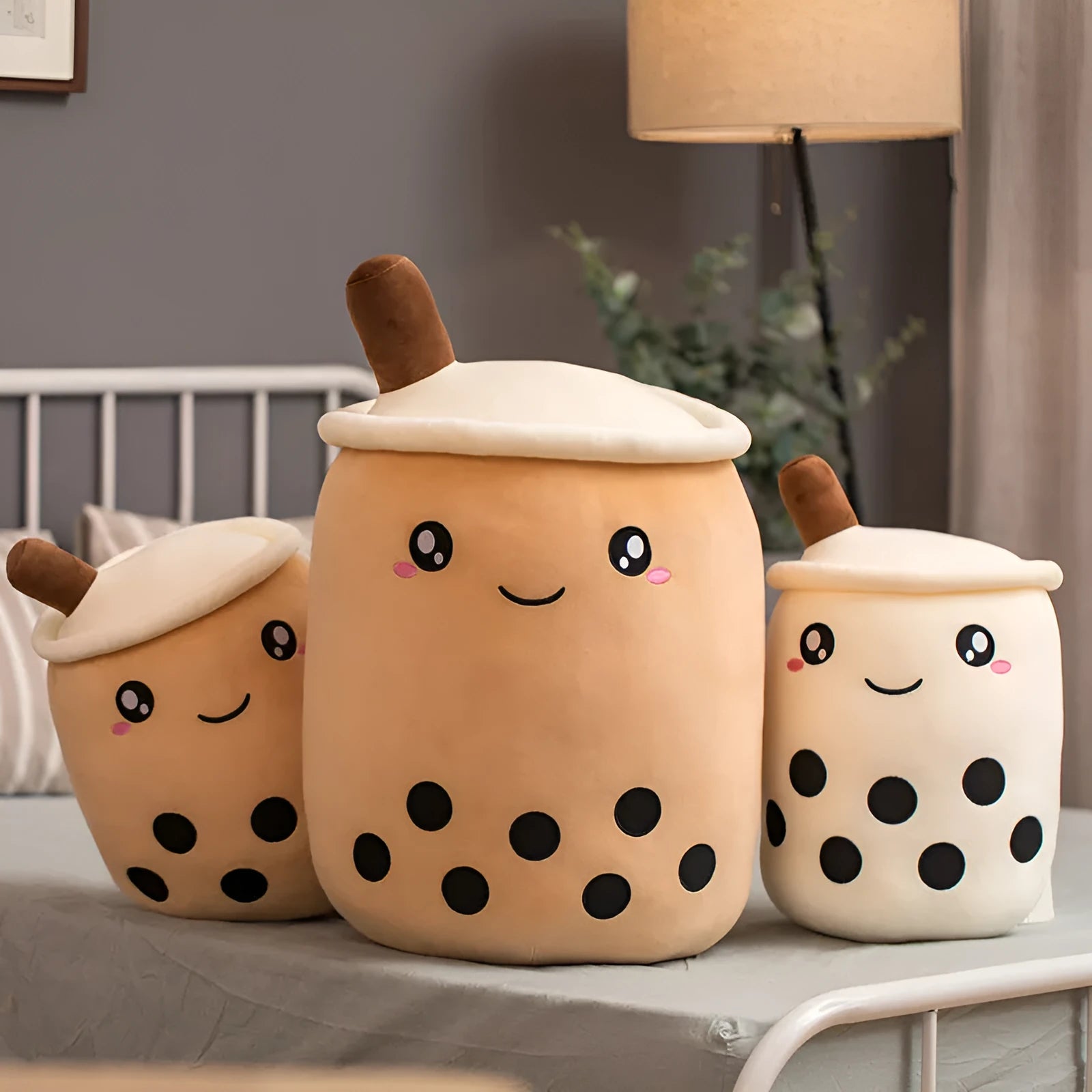 Brown boba milk tea cup shaped soft teddy plush toy on a white background.