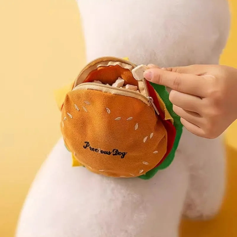 Cartoon hamburger design adjustable vest leash for a dog, showing the integrated rope and backpack-style harness.