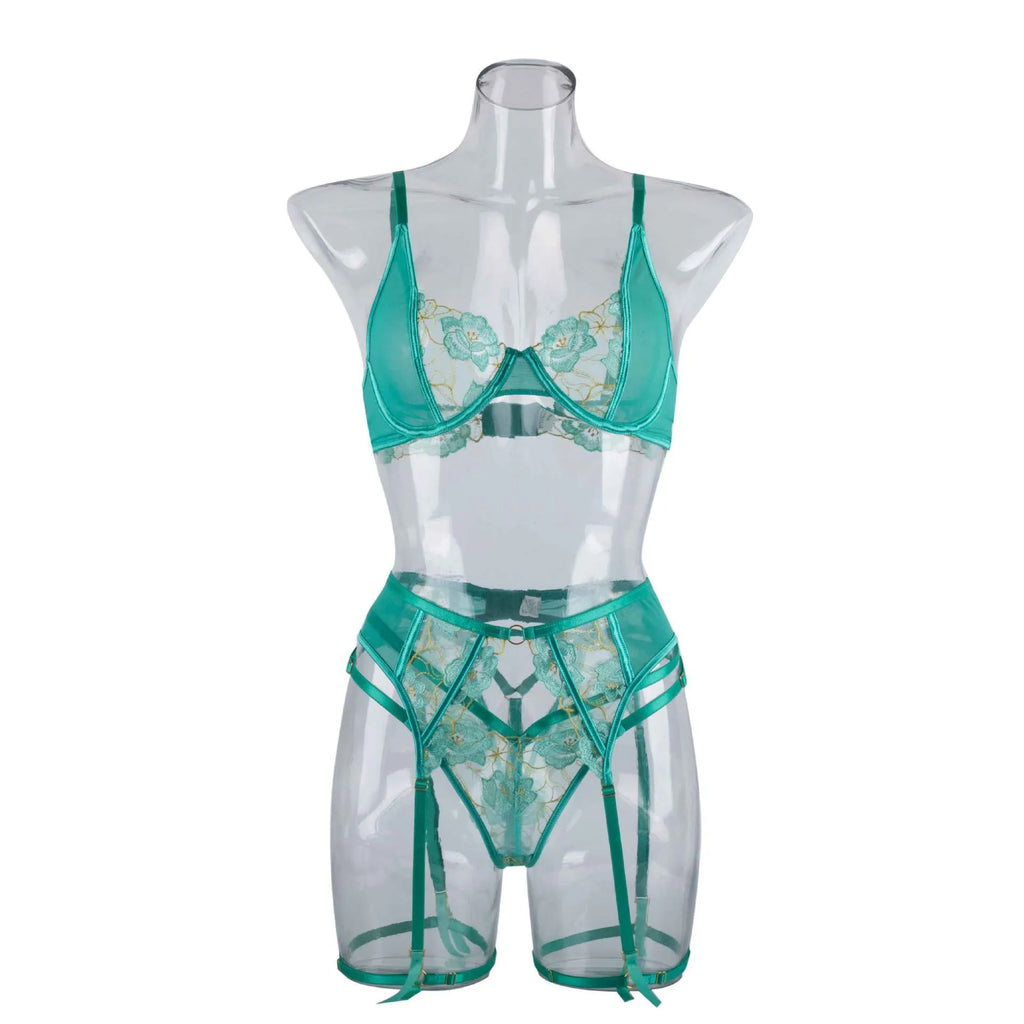 Light green women's fashion bra set with embroidery detailing and three-point tights fit design