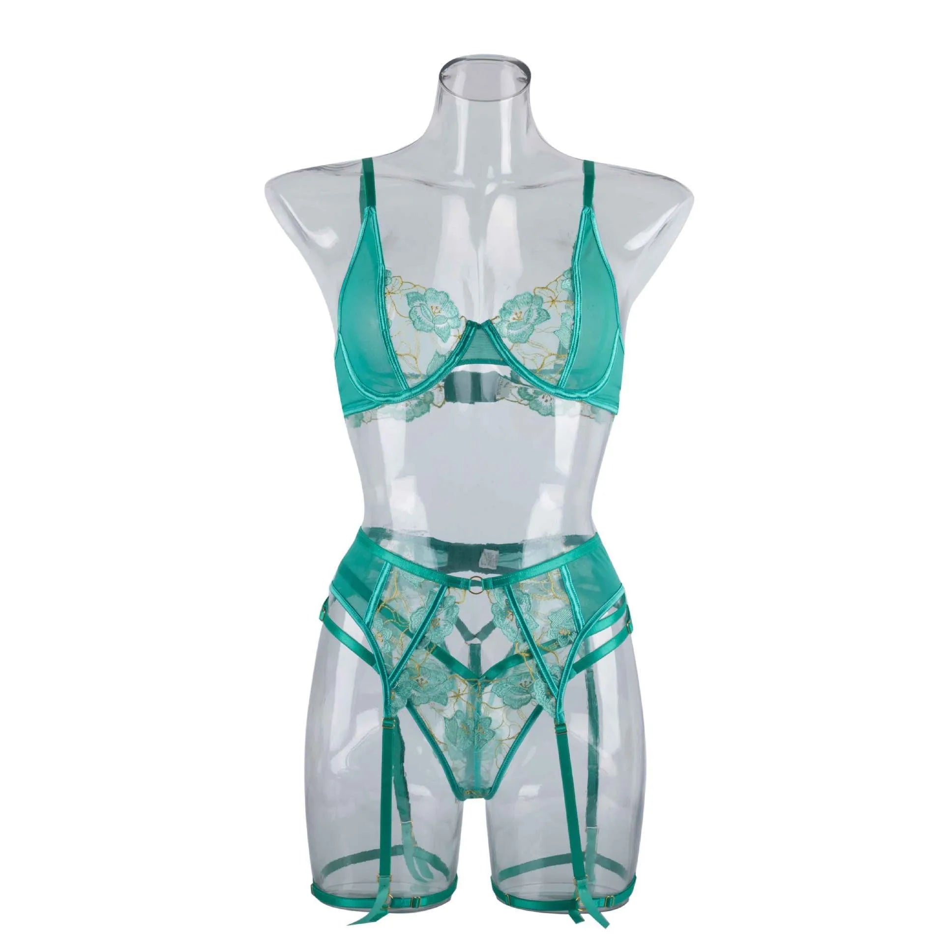 Light green women's fashion bra set with embroidery detailing and three-point tights fit design