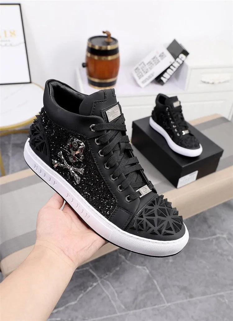 Men's black genuine leather high-top skeleton shoes with red trim and white laces on a rubber sole.