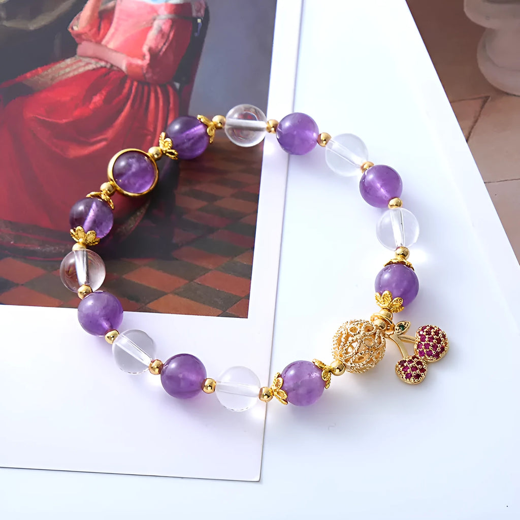 Purple crystal bracelet with a micro-inlaid cherry flower design for women.
