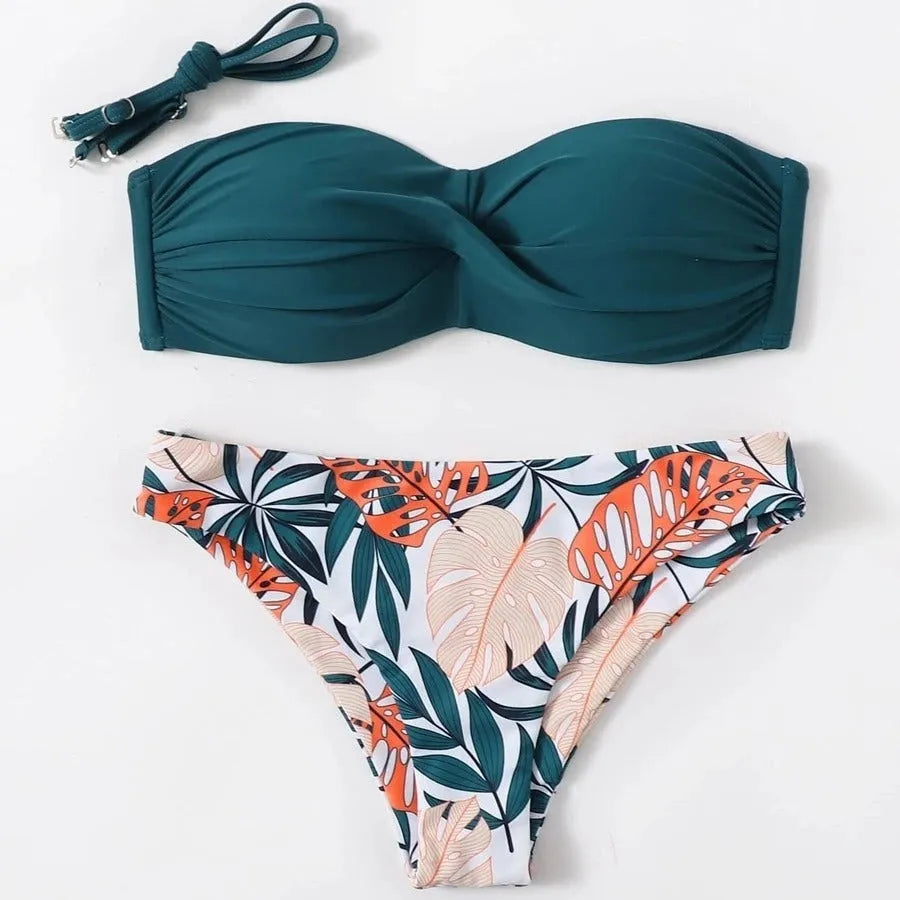 Two-piece bikini swimsuit with hard push up cups in briefs style, shown in available colours.