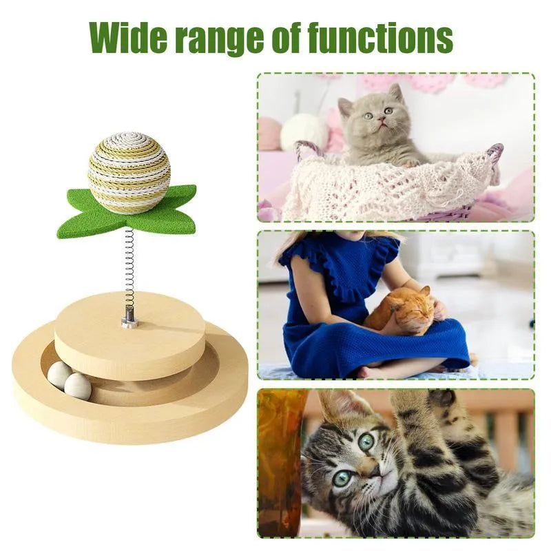 Green sisal scratching pad cat toy with multi-layer circular ball tracks containing rotating balls