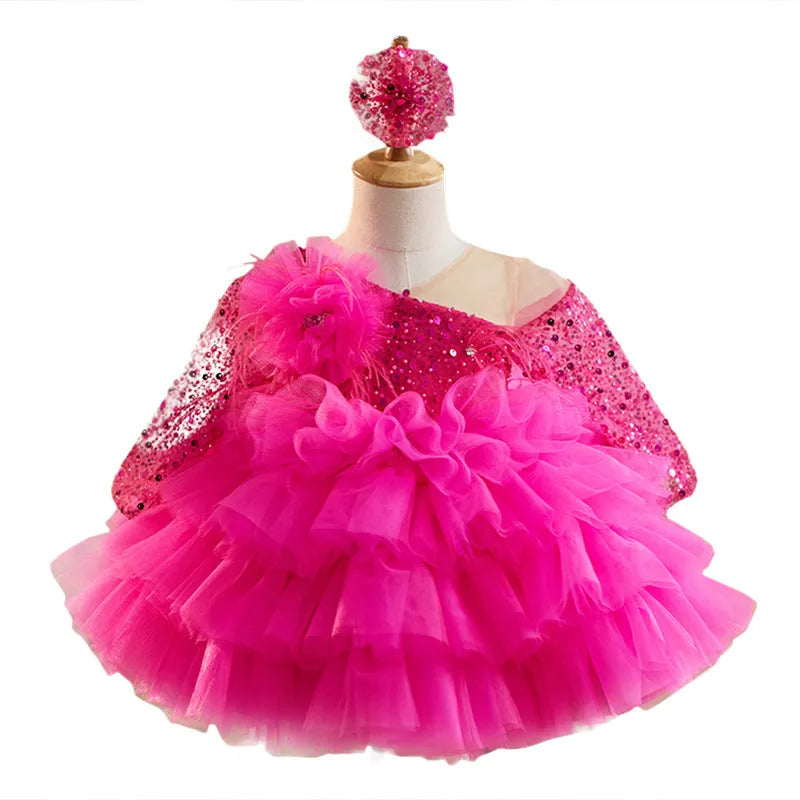 Rose red baby dress for one year old, polyester fibre, full length view on child, size 80-160cm