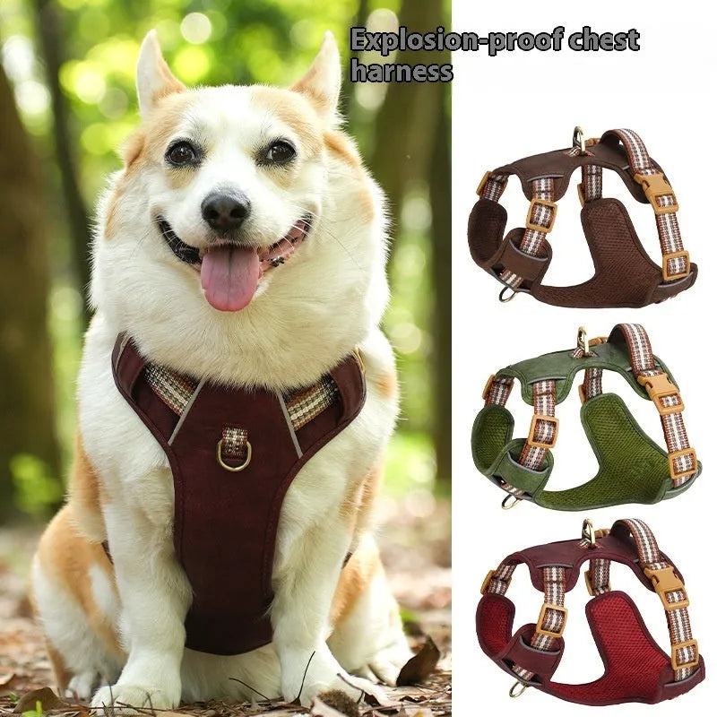 Brown explosion-proof reflective leather chest harness for a dog on a white background