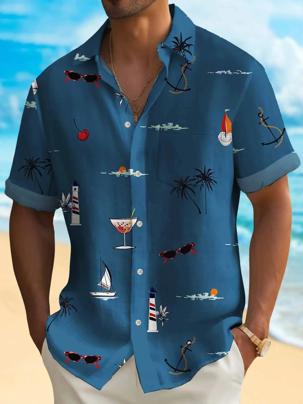 Men's loose fit Hawaiian shirt with colourful digital print pattern on polyester fabric.