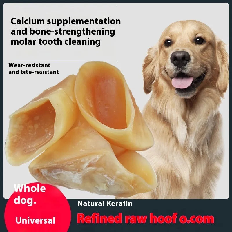 Natural cowhide dog chew with hoof shell texture in small and large sizes for dogs.