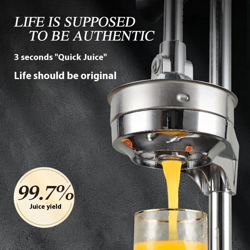 Vertical stainless steel manual juicer in multiple colours with different head style options.