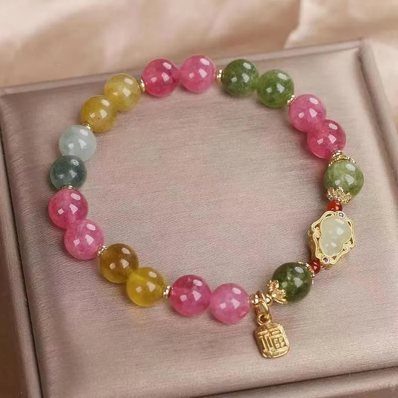 Women's colourful tourmaline gourd blessing card bracelet with floral design and electroplated finish