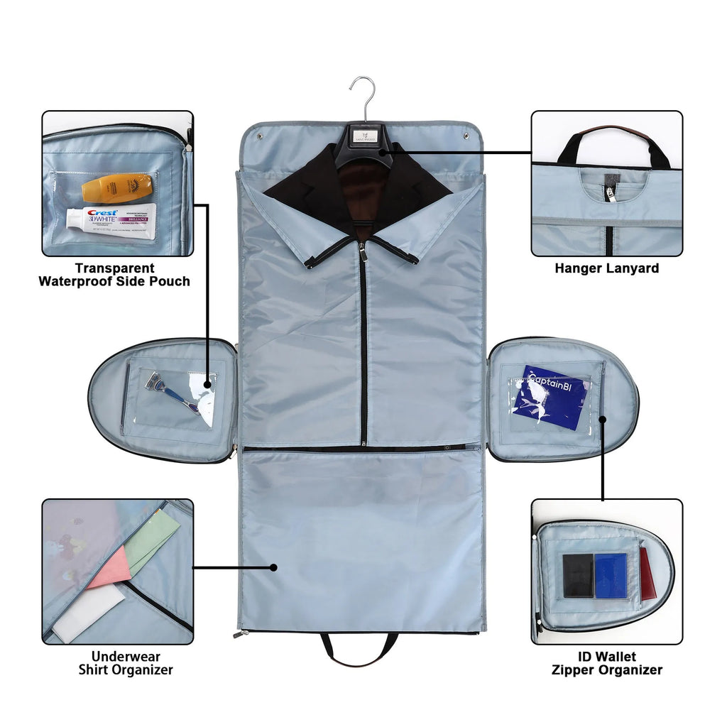 Dark blue folding Oxford cloth duffle bag with handles, shown in a travel setting.