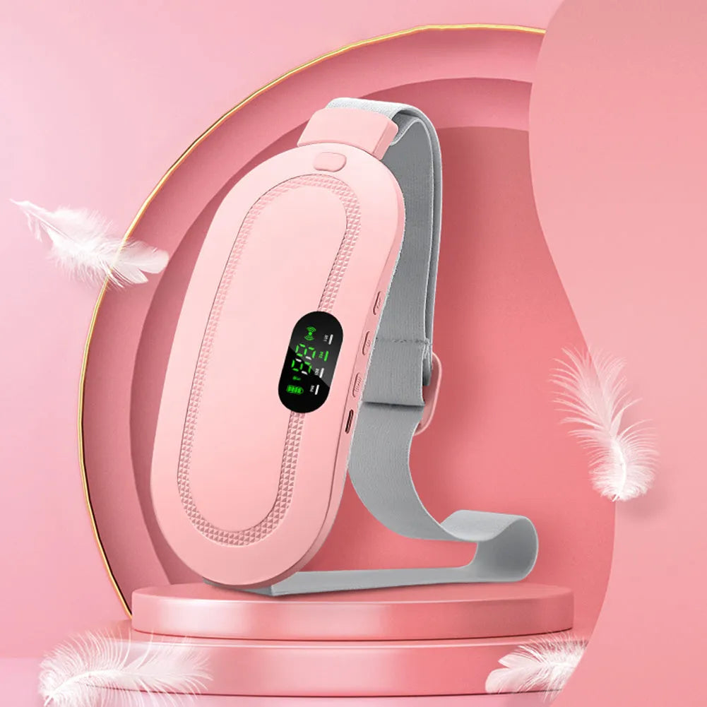 Pink electric menstrual heating pad with controller showing temperature display and vibration settings