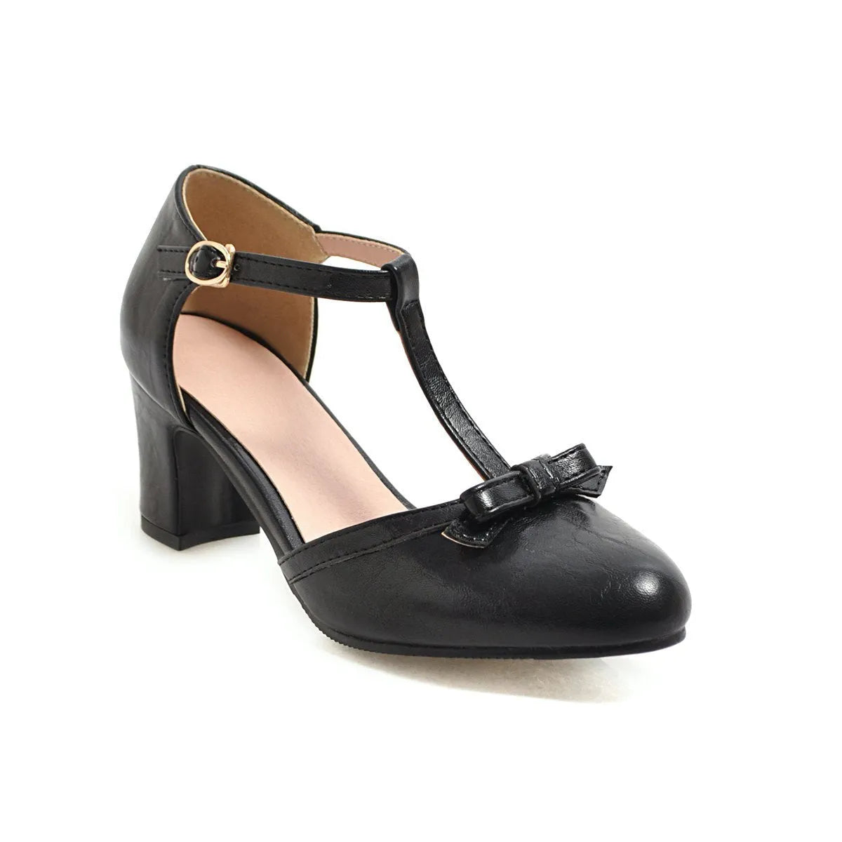 Women's apricot coloured chunky heel sandals with a buckle strap and bow detail on the round toe.