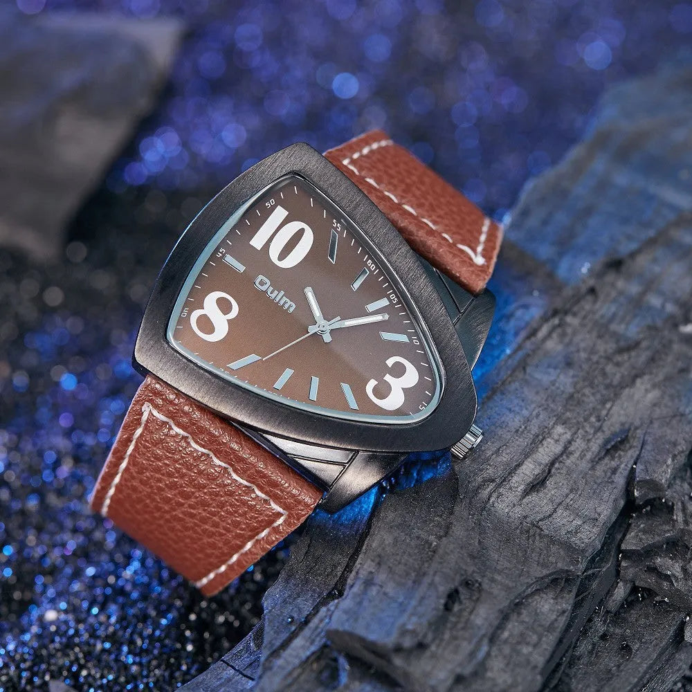 Men's casual quartz watch with triangle belt strap in brown, black, or blue colour option