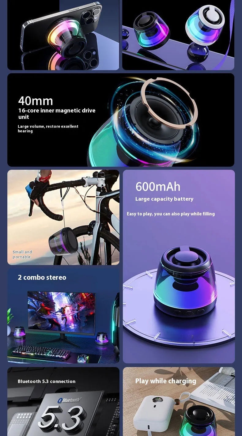 Small portable black Bluetooth speaker with coloured ambient light, shown with a magnetic base.