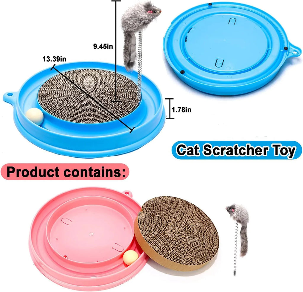 Blue interactive cat scratcher with ball track and round corrugated cardboard scratch pad