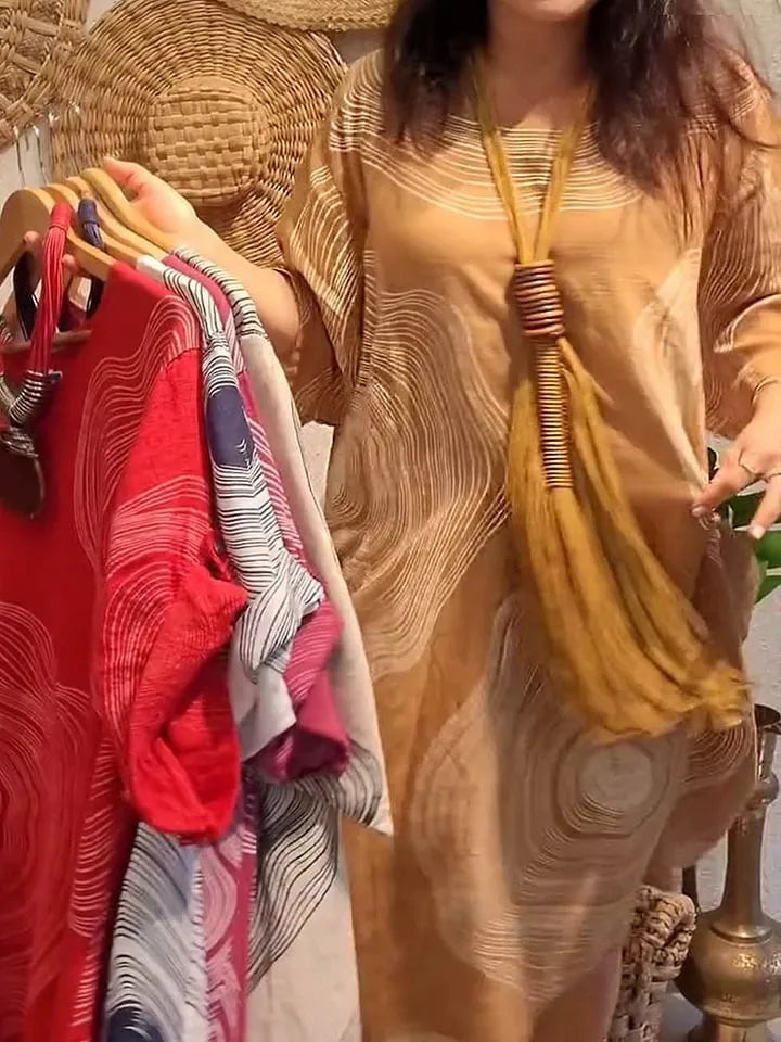 Women's round neck abstract print sleeve dress with A-line skirt in red, white, burgundy, apricot, light green, orange