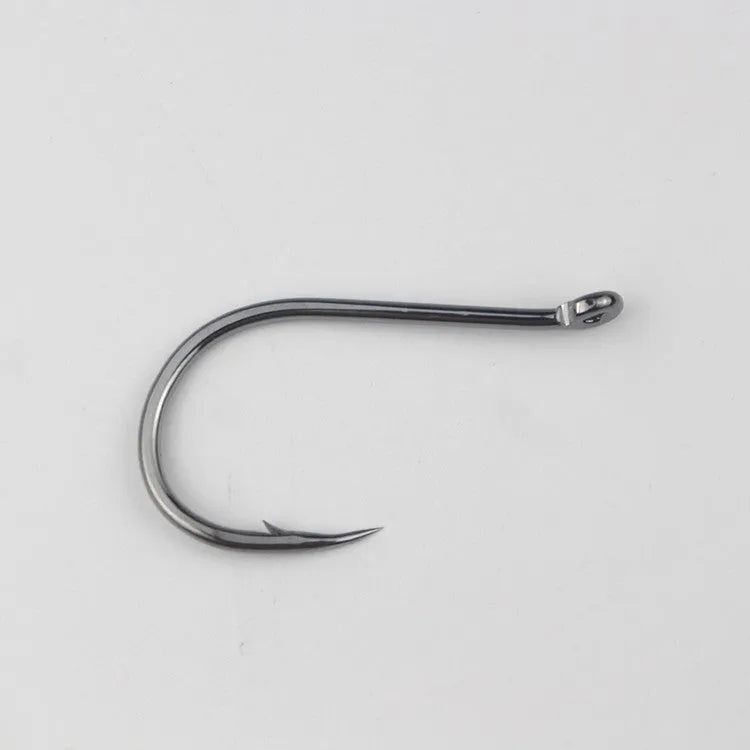 Bulk pack of alloy carbon steel barbed fishing hooks in various sizes for sea and rock fishing.