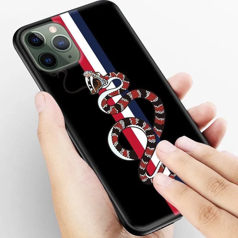 Black frosted silicone iPhone case with cartoon snake UV painting design on back