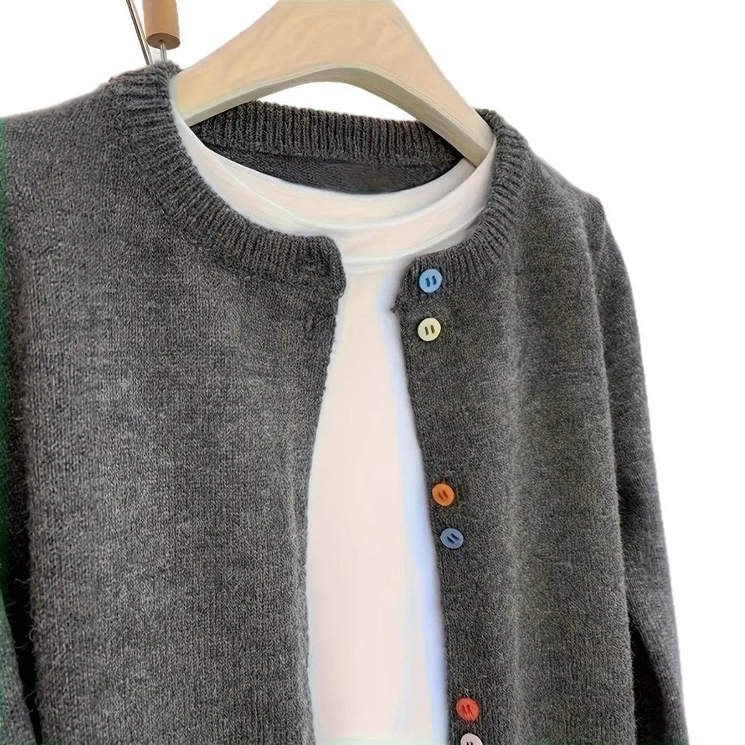Dark grey women's button-front cardigan sweater with regular sleeves