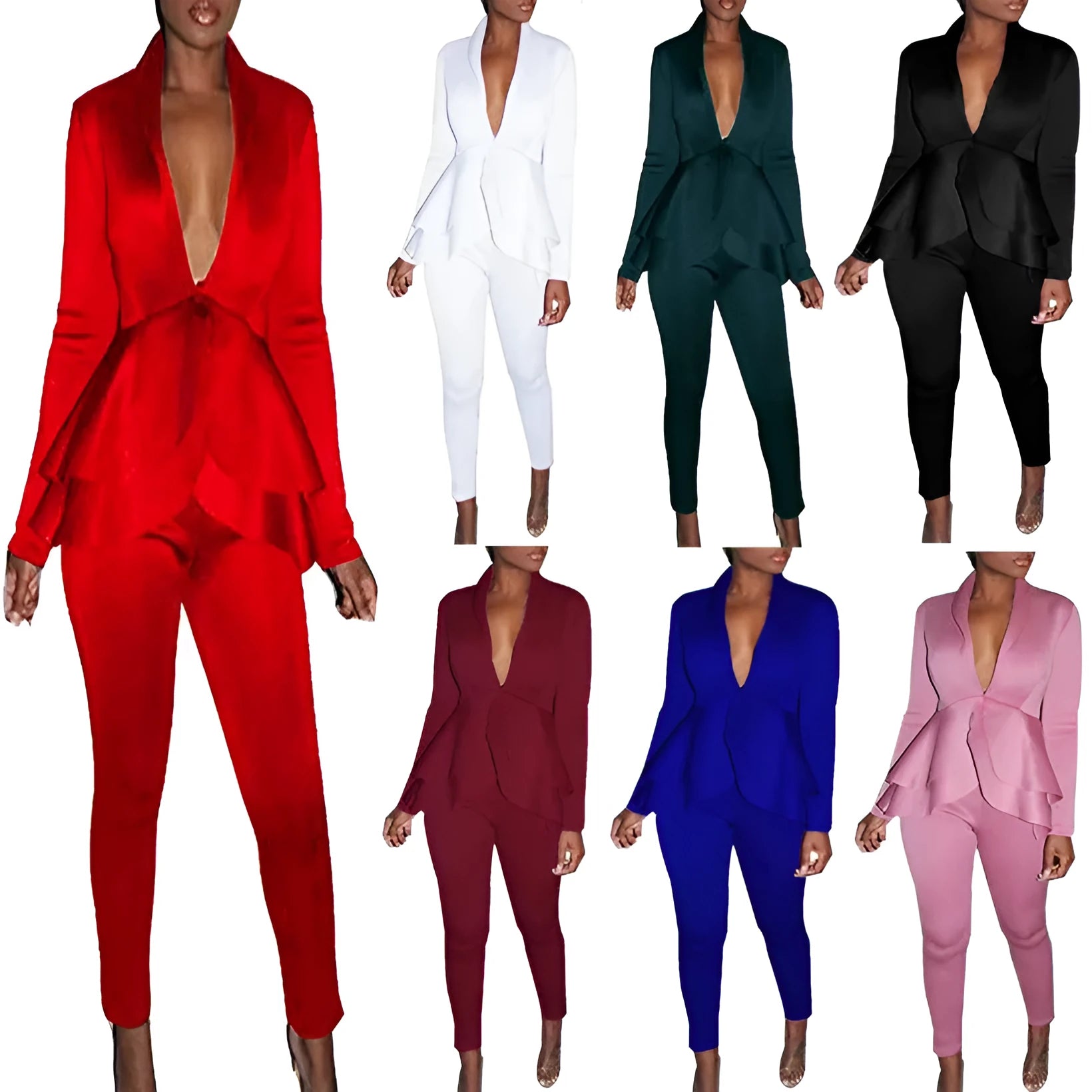 Ruffled business uniform set showing shirt with detailing and matching pencil pants