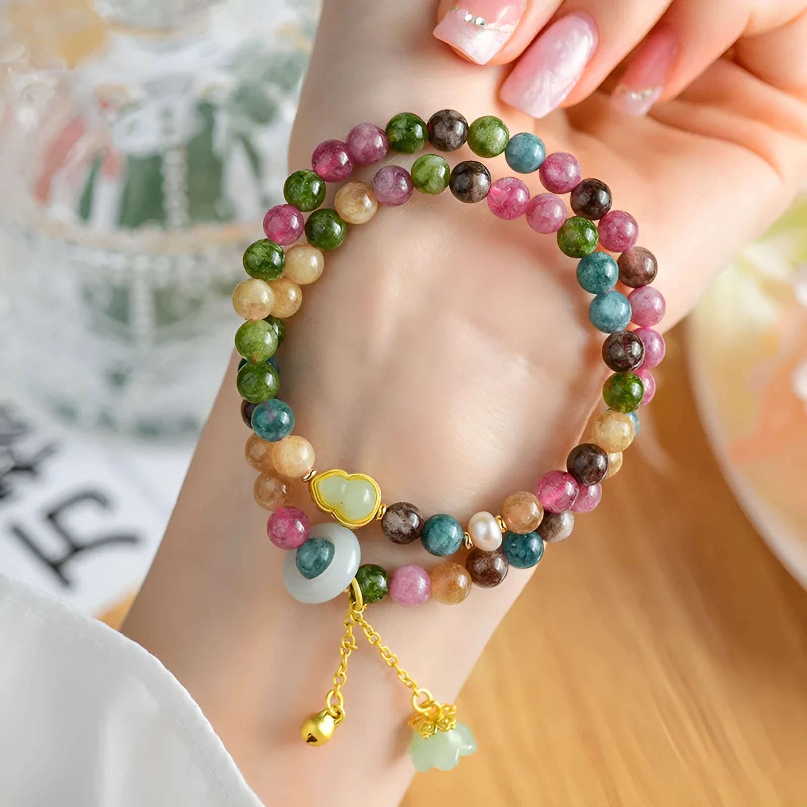 Women's double circle bracelet with chalcedony beads and geometric design